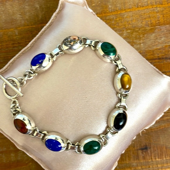 Vintage .925 ATI Mexico Sterling Silver & Semi-Precious Stone Toggle Bracelet - Picture 4 of 5